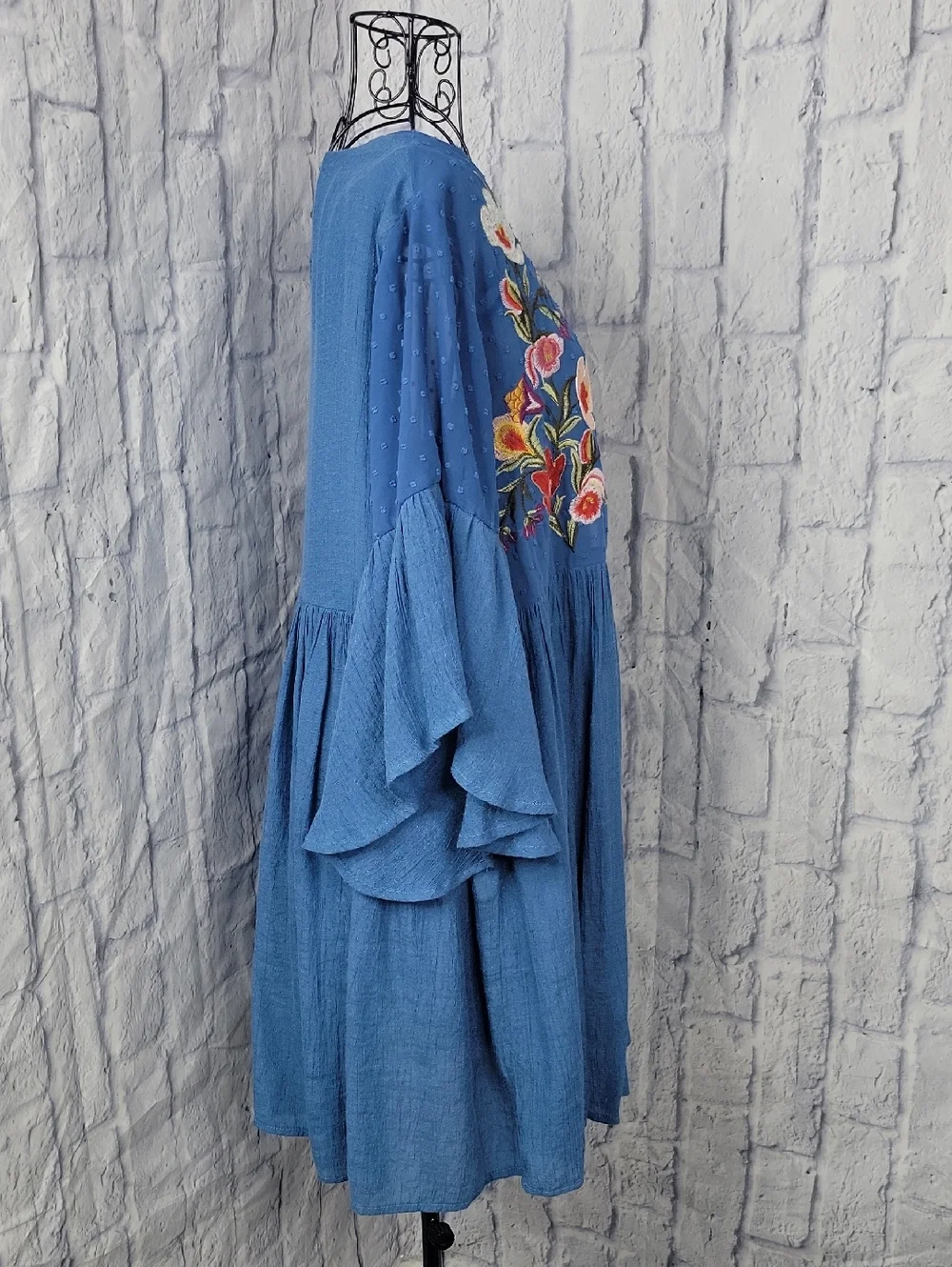 Umgee‎ Blue Embroidered Floral Boho Peasant Bell Sleeves Dress Large - Picture 6 of 10